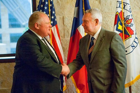 Toronto Mayor Rob Ford and Austin Mayor Lee Leffingwell meet in Austin on October 3, 2013 