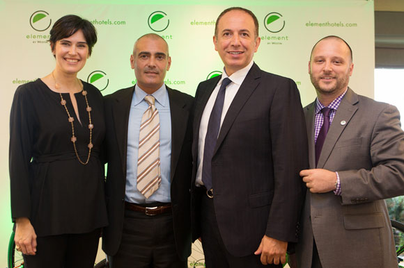 Celebrating the grand opening of Element Vaughan Southwest are Starwood exec, Paige Francis, VP Global Brand Management; Joseph Sgro, GM and Partner of ZZEN Group; Vaughans mayor, Maurizio Bevilacqua; and John Caneco, GM of Element Vaughan Southwest