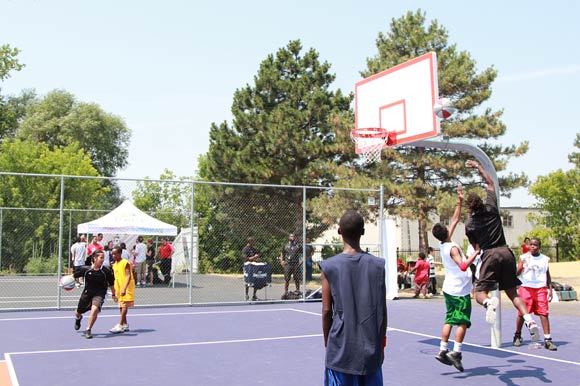 Opening day game at the new Lotherton basketball court.