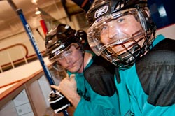 Teammates at Moss Park Arena playing with the MPAAHL's Razorbacks.