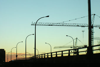 Cranes at work along the lakeshore