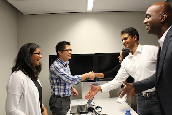Shaking hands with potential investors at CDLab Interview Day
