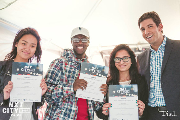 The winners of the 2014 NXT City Prize Under-18 category pose with Daniel Winberg of the Rockport Group.