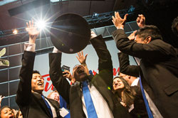 Curtis Yim, President of Enactus Ryerson, celebrating his team's victory at the 2013 National Exposition.