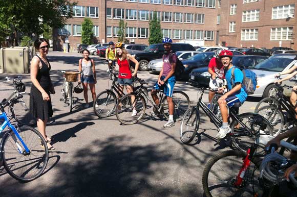 Cycling consultant Yvonne Bambrick goes over the rules of the road before a bike ride.